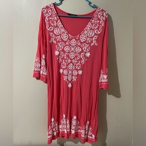 Boho Women’s Dress XL‎ Pink White Mini V-neck Ornate Print Bell Sleeves Stretch